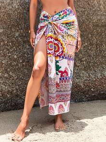 SHEIN Swim Random Printed Asymmetrical Hem Long Skirt Cover Up, For Vacation, Summer Beach - Multicolor - View 3