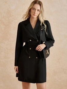 Écloséra 法国复古时尚简约束腰双排扣中长款风衣 - 黑色 - 查看 4