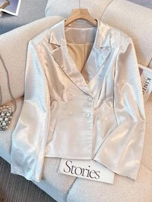 Franclia Áo khoác blazer công sở nữ lót satin thanh lịch, thắt eo, thích hợp đi làm, Thu/Đông - Màu be - Xem 6
