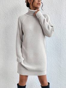 EURMUSE Women High Neck Raglan Sleeve Solid Color Casual Sweater Dress, Autumn/Winter - Light Grey - View 3