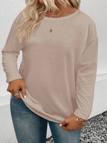 EMERY ROSE Women's Round Neck Long Sleeve All-Match Casual Plus Size T-Shirt, Suitable For Summer And Autumn - Khaki - View 3