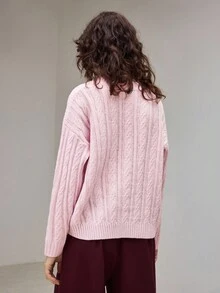 Ontre 2025 New Arrival Women's Knitted Blend Sweater, Solid Color, Modern Urban Style, Pink, Soft Knit Fabric, Loose H-Line Silhouette, Round Neck, Business Casual, Commuter, Daily Wear, Autumn/Winter, Cable Knit Pattern, Suitable For Halloween, Christmas, Vacation Party, Wedding Guest, High-End Design, Ladies Outerwear Top, Comfortable & Versatile, Fashionable Women Sweater