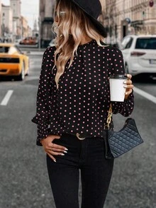 EMERY ROSE Polka Dot Print Stand Collar Long Sleeve Casual Shirt - Multicolor - View 3