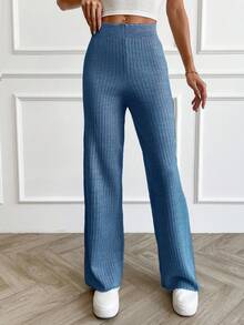 Women's Rib Knitted Straight High Waist Knit Pant - Blue - View 3