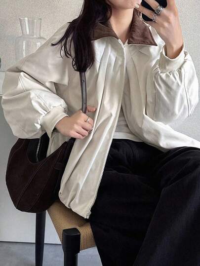 FRIFUL 女士休闲宽松拉链外套，撞色领口，褶裥装饰，抽绳下摆，适合秋冬季节穿着。