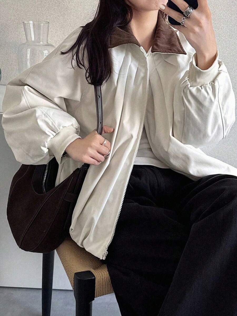 FRIFUL 女士休闲宽松拉链外套，撞色领口，褶裥装饰，抽绳下摆，适合秋冬季节穿着。 - 杏色 - 查看 1