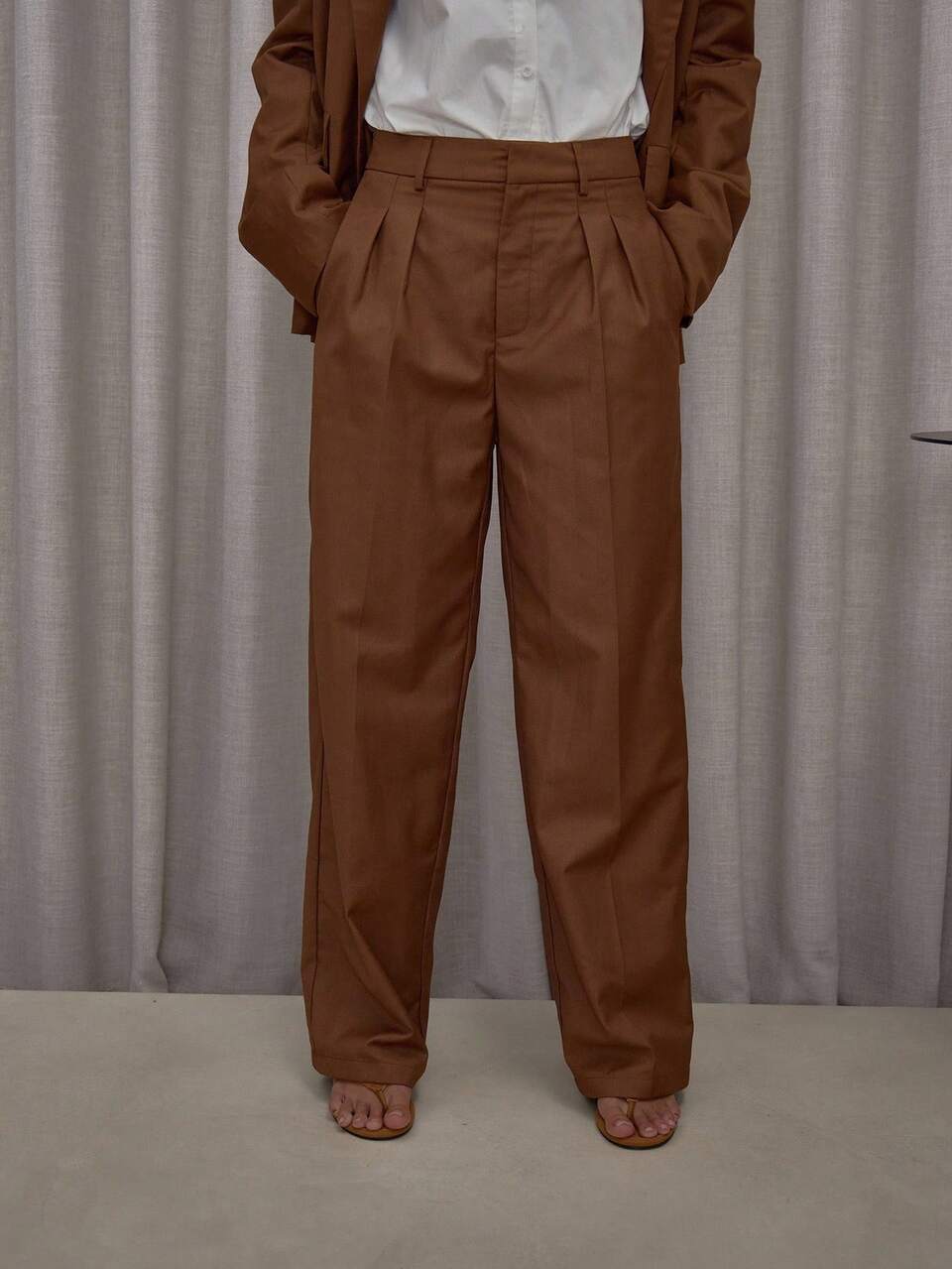 Pleated High Waist Straight Leg Trousers Co-Ord Bottoms Only Streetwear Cute Classy Casual Sexy Going Out Toffee Summer