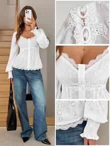 Easowa 女士优雅蕾丝拼接纽扣前褶裥吊带背心，刺绣提花面料，休闲度假装，夏季海滩装，连体衣上衣，商务休闲装，生日派对装，户外装，办公室装，海滩度假装，纽扣衬衫，可爱夏季上衣，度假装镂空衬衫，白色衬衫，优雅蕾丝衬衫，白色波西米亚风上衣，秋季女装，新年毕业季优雅女式衬衫，别致白色上衣，长袖女式上衣，白色长袖上衣 - 白色 - 查看 4