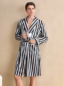 EverLounge Men's Black & White Striped Print Shawl Neck Patchwork Pocket Belted Robe, Winter - Multicolor - View 1