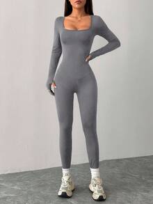 SHEIN PETITE 黑色针织方领紧身休闲运动瑜伽连体裤 - 灰色 - 查看 10