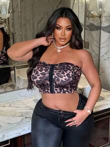 SHEIN LUNE Sexy Everyday Pleated Front Button Leopard Print Plus Size Tube Top - Brown - View 7