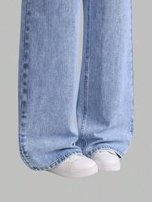 SHEIN ChillGRL Tween Girls' Light Blue Washed Denim Jeans With Bowknot Hem Design, Loose Straight Leg, High Waist, Versatile For Daily Wear, School, Commute, Party, Holiday, Back To School Fall Winter - Medium Wash - View 6