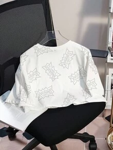 Nick 90s | SHEIN Women's Casual Cartoon Pattern Round Neck Short Sleeve Cropped T-Shirt, Summer - White - View 2