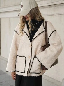 SHEIN Clasi 女款優雅秋冬百搭寬鬆羊羔毛撞色刺繡飾邊經典夾克 - 杏色 - 查看 3