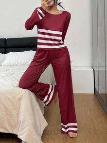 SHEIN Striped Casual Women Long Sleeve Top & Pants Pajama Set, Fall Clothes, Cozy Outfit - Burgundy - View 3