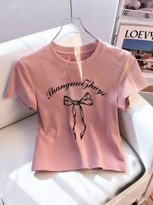 Resyla Y2K可爱蝴蝶结露脐圆领短袖T恤 - 粉色 - 查看 3