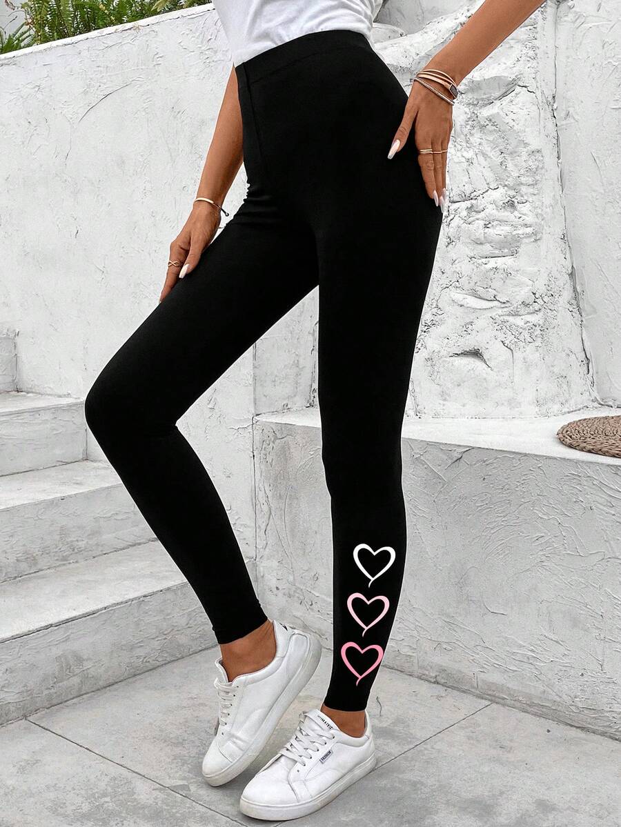 SHEIN LUNE Heart Pattern Casual Sports Knitted Leggings For Women, Ankle Length, Suitable For Spring/Autumn Suitable For Going Out,Casual - Black - View 1