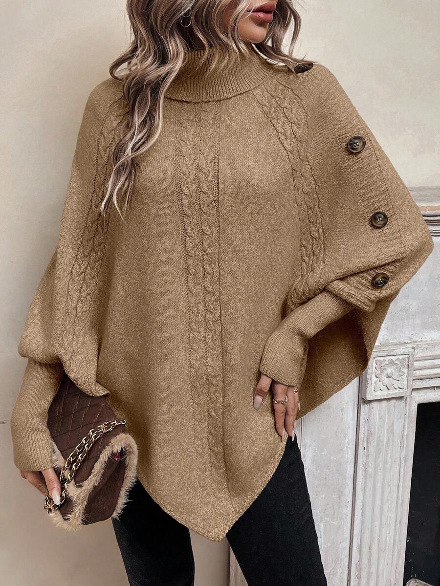 LanaWest Women's Casual High Neck Button Design Cable Pattern Batwing Sleeve Loose Knit Sweater, Autumn/Winter - Camel - View 1