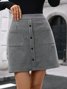 SHEIN LUNE 女士休闲通勤条纹口袋迷你裙，秋冬 - 灰色 - 查看 6