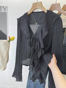 INAWLY French V-Neck Pleated Ruffle Tie Blouse