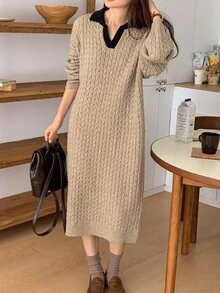 DAZY Women's Colorblock Casual Midi Sweater Dress, Autumn/Winter Vacation - Apricot - View 6
