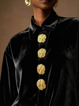 Vesra 优雅天鹅绒金色纽扣女式衬衫