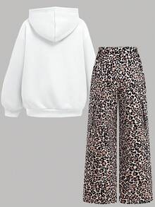 SHEIN 2 件套青少年女孩宽松连帽运动衫，豹纹和数字图案，配工装裤，秋冬 - 彩色 - 查看 2