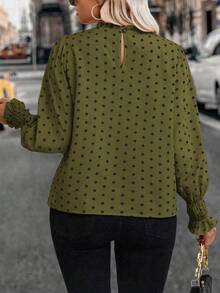 Parysyn 女式编织休闲波尔卡圆点秋季衬衫 - 軍綠色 - 查看 2