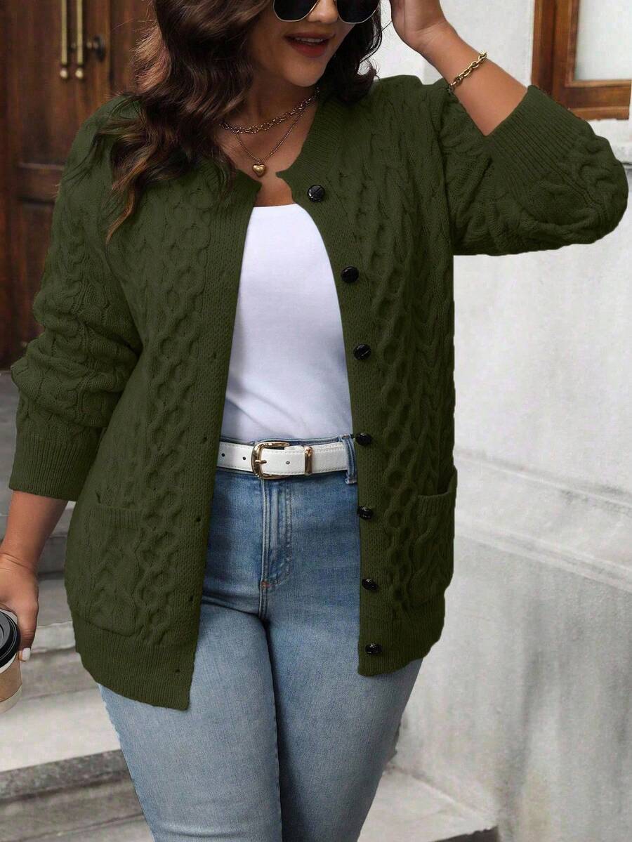 大码休闲百搭纯色开衫 - 軍綠色 - 查看 1