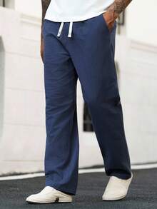 Manfinity Homme Pantalon décontracté ample en coton de couleur unie avec cordon de serrage à la taille et poches en biais, automne - Bleu marine - Voir 3