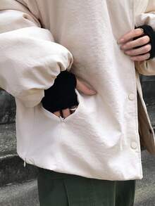 FRIFUL Women's Round Neck Drop Shoulder Button Cuff Casual Loose Versatile Padded Coat, Suitable For Autumn Jacket - Apricot - View 7