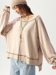 Bohemela 女士休闲纯色针织圆领宽松长袖运动衫秋冬女装 - 杏色 - 查看 5