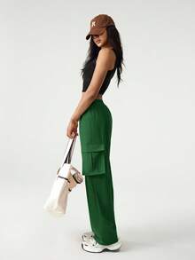 Hanevo Women's Casual Street Chic Solid Color Elastic Waist Flap Pocket Cargo Pants - Green - View 4