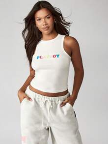 Missguided x Playboy Áo ba lỗ chữ cầu vồng phong cách cổ điển bằng cotton với thiết kế không tay cổ cao hoàn hảo cho bộ sưu tập trang phục dạo phố mùa hè thường ngày Áo crop top cơ bản - trắng - Xem 2