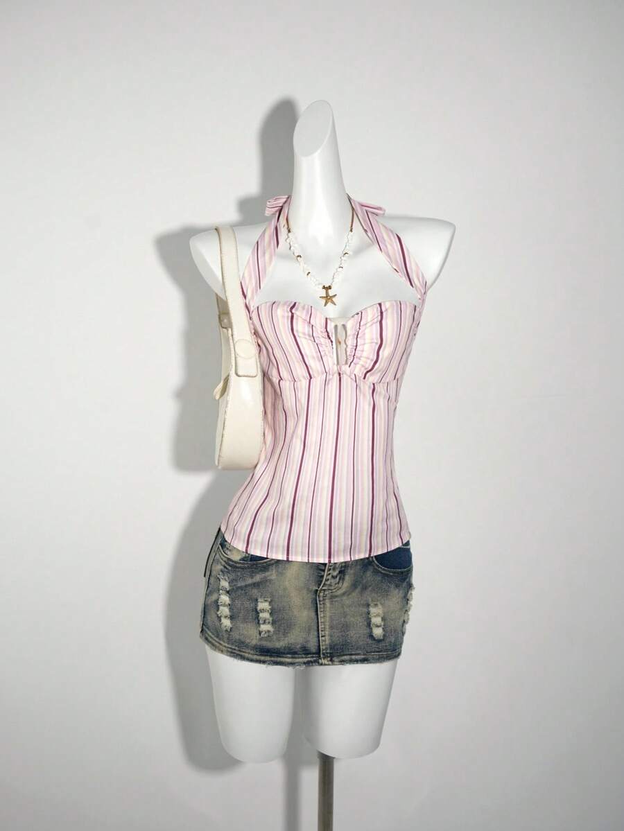 SHEIN ICON 女式时尚褶皱挂脖条纹吊带背心 - 粉色 - 查看 1