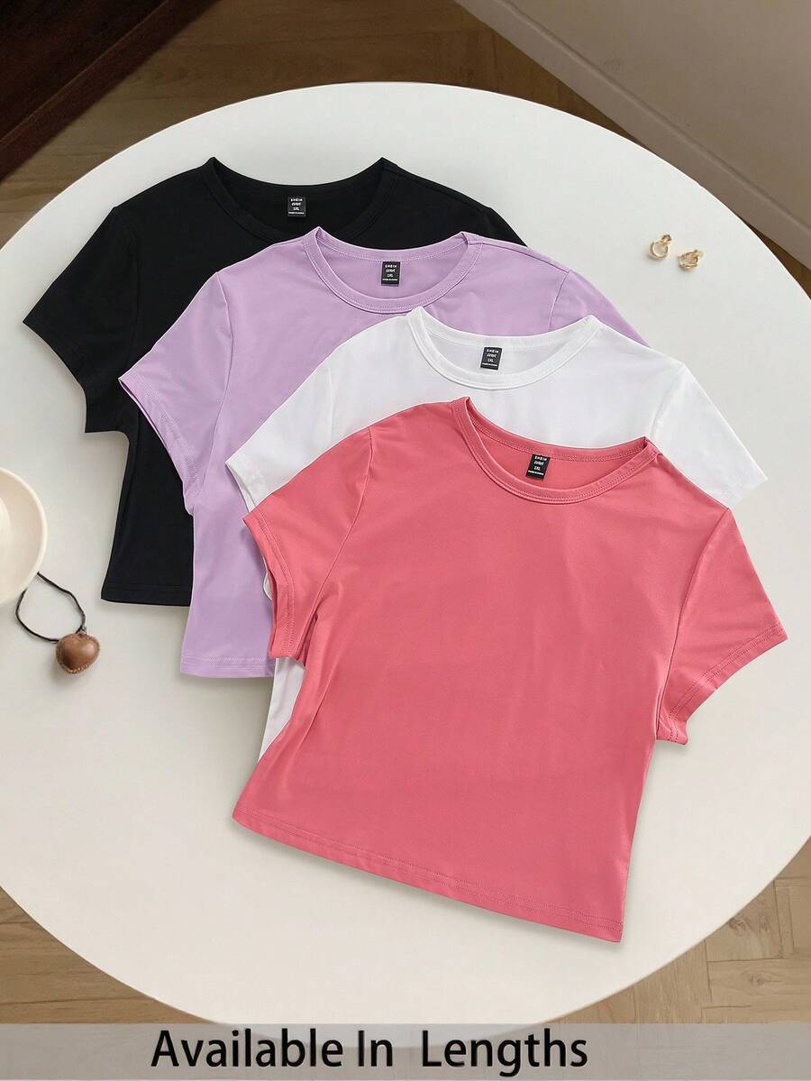 SHEIN Tall CURVE Plus Size 4-Piece Set Solid Color Cropped Round Neck Short Sleeve Fitted Women T-Shirt, Suitable For Summer