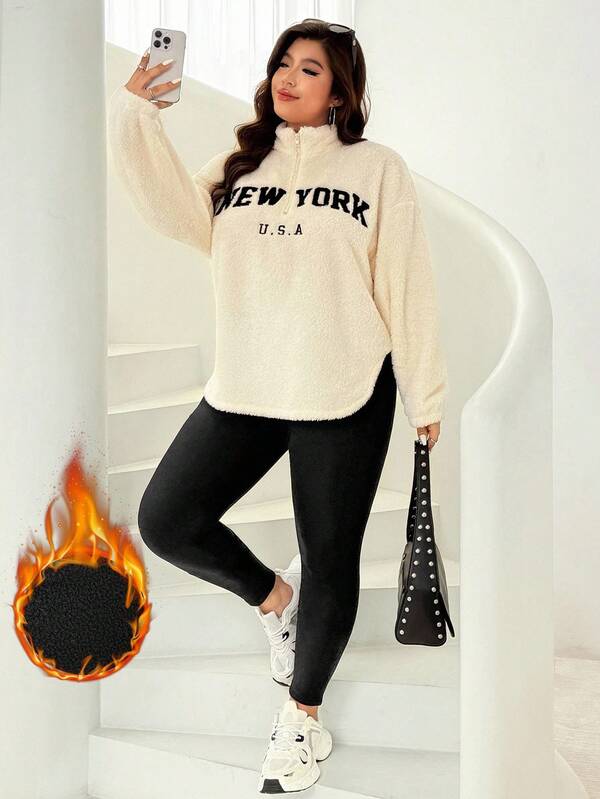 Solflare Conjunto de 2 piezas de top de manga larga con cremallera media y pantalones negros, con bordado de letras, versátil y casual, talla grande