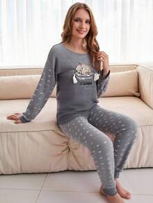 RueChic Slogan & Cartoon Embroidered Flannel PJ Set - Grey - View 5