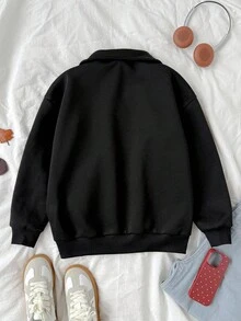 少女黑色蝴蝶结粉色刺绣图案宽松休闲卫衣，蝴蝶结细节，全拉链立领卫衣，少女黑色拉链卫衣，秋冬女童服装，可爱黑色立领拉链卫衣，蝴蝶结卫衣，青少年少女黑色立领卫衣 - 黑色 - 查看 2