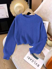 SHEIN Tween Girls' Solid Color Long Sleeve Casual Cropped Pullover Sweater, Autumn Blue Sweater Cropped Sweater Blue Clothes Teen Cropped Blue Sweater Blue Knit Sweater Summer Clothes For Teens Sweater Blue And White Set Teen With Sweater Pastel - Blue - View 6