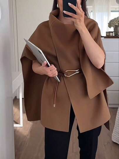 SHEIN Frenchy Women's Solid Color Metal Buckle Design Cape Overcoat, Autumn/Winter,Brown Overcoat,Brown Cape,Overcoat With Scarf And Cape,Scarf Coat,Brown Jacket, French Style Clothes,Brown Jacket,Metal Buckle Waist Belt Coat With The Belt Can Be Replaced And Matched Freely, Fashion Shawl Coat,Women's Winter Clothes,Women's Winter Jacket,Women's New 2025 Small Design Sense, Single Versatile Temperament, French Elegant, Delicate, French Style Dressing,Old Money,Simple, Office, Commuting, Elegant, Suitable For Daily Wear,Winter Clothes For Women