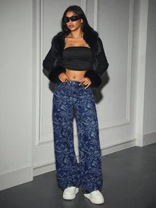 Jeanoix Jeans de mujer de pierna ancha con bolsillo y botones, estilo casual de calle - Azul - Ver 5