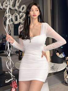 DAZY 女士甜心领紧身鸡尾酒会礼服，带臀部包裹，生日，除夕夏季长袖连衣裙舞会礼服