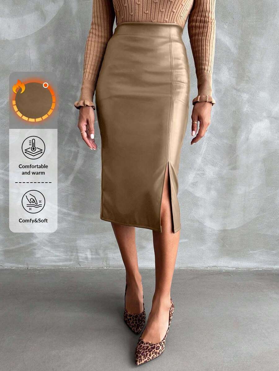 EURMUSE 女式纯色高腰 PU 皮革侧开衩优雅铅笔裙 - 米色 - 查看 1