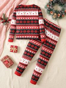 SHEIN Conjunto de pijama de 2 piezas con camiseta de manga larga de cuello redondo y pantalones para niña preadolescente, con estampado de dibujos animados, ajuste ceñido, suave y cómodo, a juego con mamá (se venden 3 conjuntos por separado) - Albaricoque - Ver 2