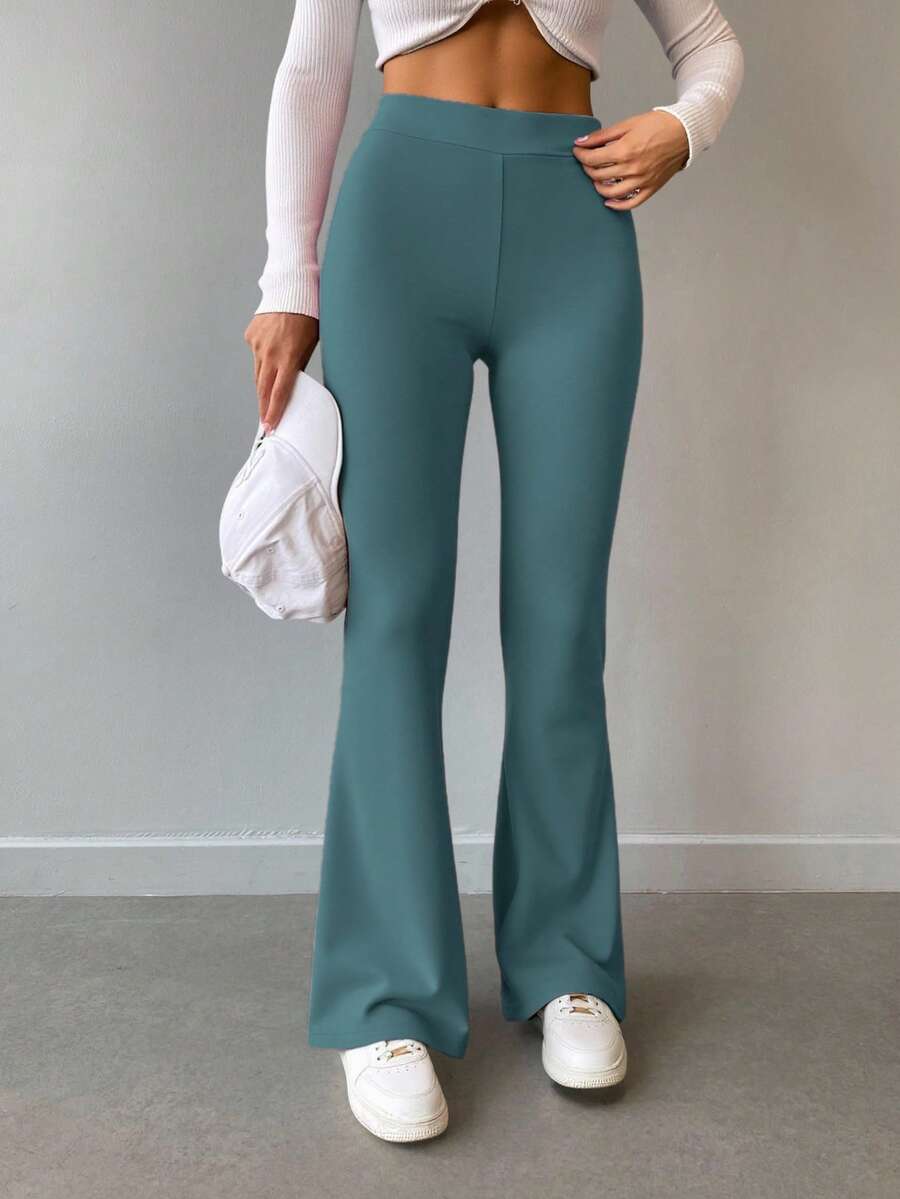 EURMUSE Solid Flare Leg Pants - Green - View 1