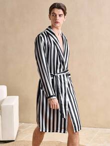 EverLounge Men's Black & White Striped Print Shawl Neck Patchwork Pocket Belted Robe, Winter - Multicolor - View 5