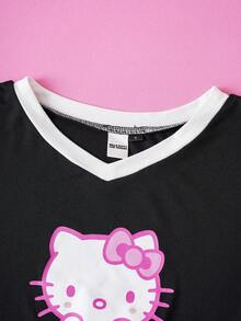 HELLO KITTY AND FRIENDS | SHEIN Women's Letter & Cartoon Graphic Contrast Trim Short Sleeve Top And Skirt Pants 2 Piece Set, Black - Black - View 5