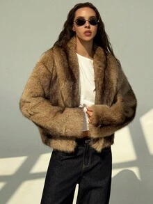 Aloruh Women's Winter Long Sleeve Open Front Fashionable Loose Faux Fur Coat