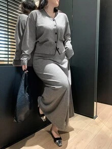 Dazy Plus 2pcs V-Neck Cardigan Top And Elastic Waist Skirt Knit Suit, Plus Size, Autumn